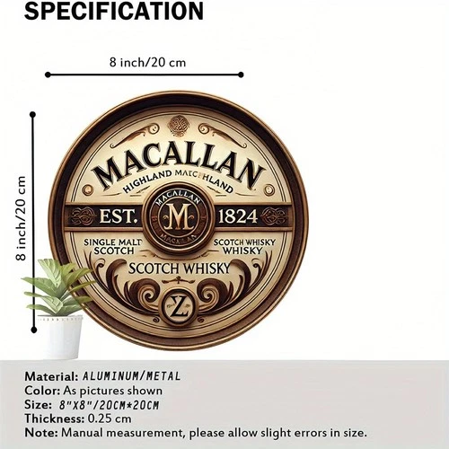 2D Flat - Vintage Macallan 8x8 Round Wall Tin Metal Signs - Scotch Whisky Art De