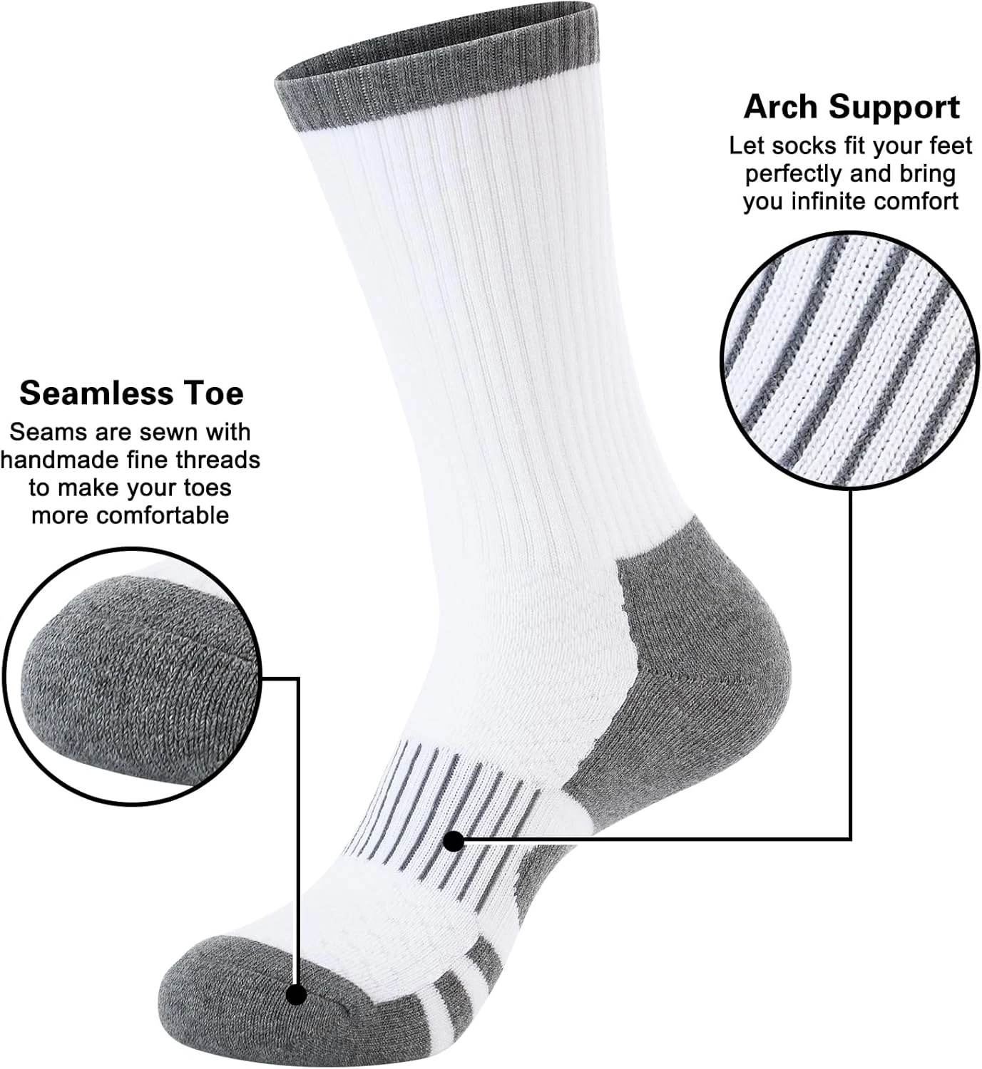 5 Pairs Mens White Cotton Cushioned Crew Athletic Boot Work Socks Large-X-Large