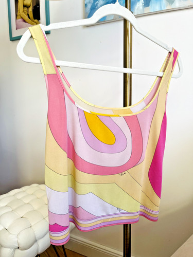 Emilio Pucci, Vintage Rare Emilio Pucci Firenze Silk Jersey Tank Top Pink Yellow Print US 10
