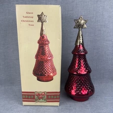 Cracker Barrel Glass Tabletop Christmas Tree Red Hobnail Holiday Decor Boxed