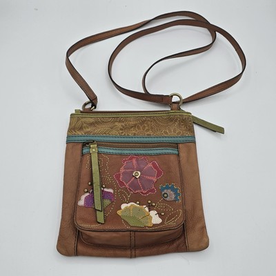 FOSSIL Leather Crossbody Bag Purse Patchwork Flowers Studs Boho VTG Y2K Beauty