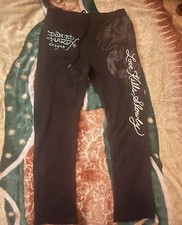 Ed Hardy Pants Men's L Black Love Kills Slowly Tiger Graphic Joggers Sweatpants