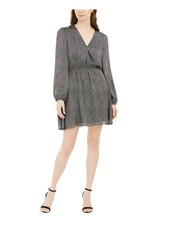LEYDEN Womens Short Dress Black Long Sleeve V Neck Printed Juniors M