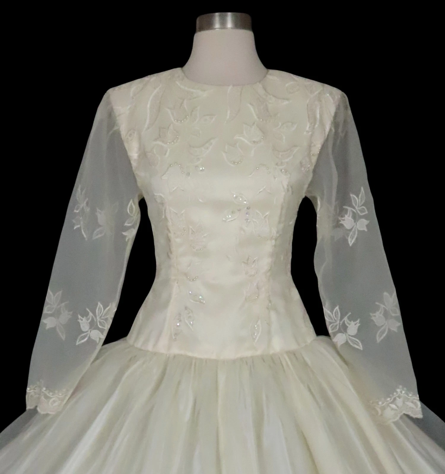 OFF WHITE Abito vintage anni 80 bianco sporco perline modesto gonna intera ballo matrimonio festa XXS XS