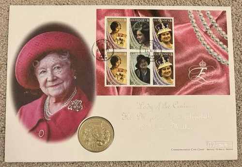 2000 Guernsey £5 Coin In FDC 6 Stamps. Queen Mother Lady Of The Century 347