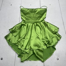 Green Satin Mini Dress Womens Large Tiered Ruffle Fit & Flare Party Lace Up Back