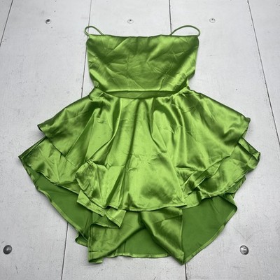 Green Satin Mini Dress Womens Large Tiered Ruffle Fit & Flare Party Lace Up  Back | eBay