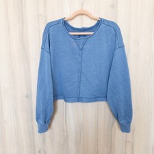 Aerie Cropped Sweatshirt Small Blue Raw Edge Pullover Oversized Athleisure
