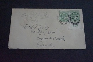 Great Britain 1/2d Green Couple One with J10 Marginal Control on 1911 Cover