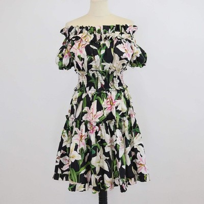 Dolce & Gabbana Multicolor Cotton Lily Print Smocked Waist Off Shoulder Midi Dre