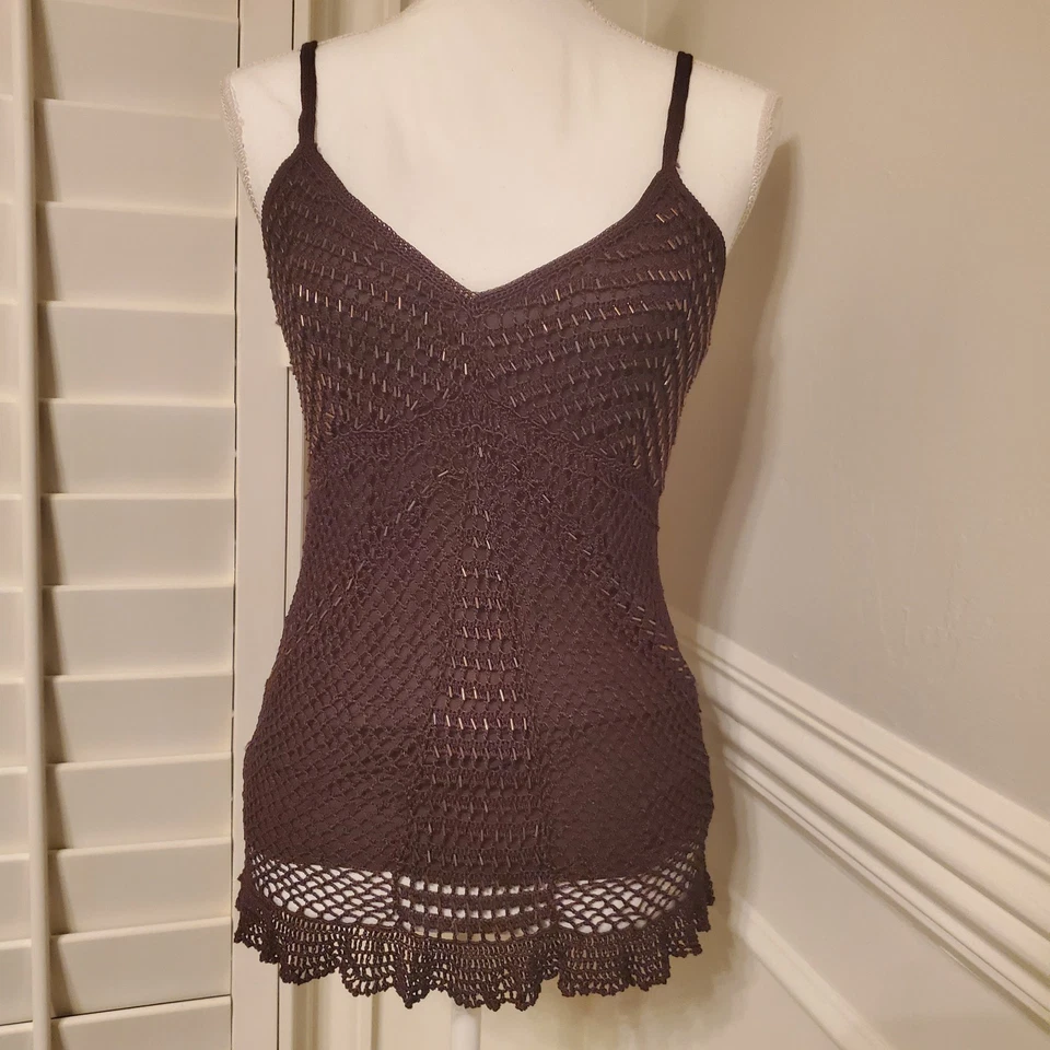 Rampage Y2K Chocolate Brown Crochet Beaded LinedTank Spaghetti Strap Top Size M - Image 2 of 4