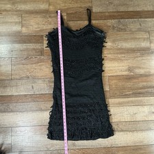 Carole Little Black Beaded Fringe Dress Wmns 1X Rayon Slip Lined Cocktail 121125