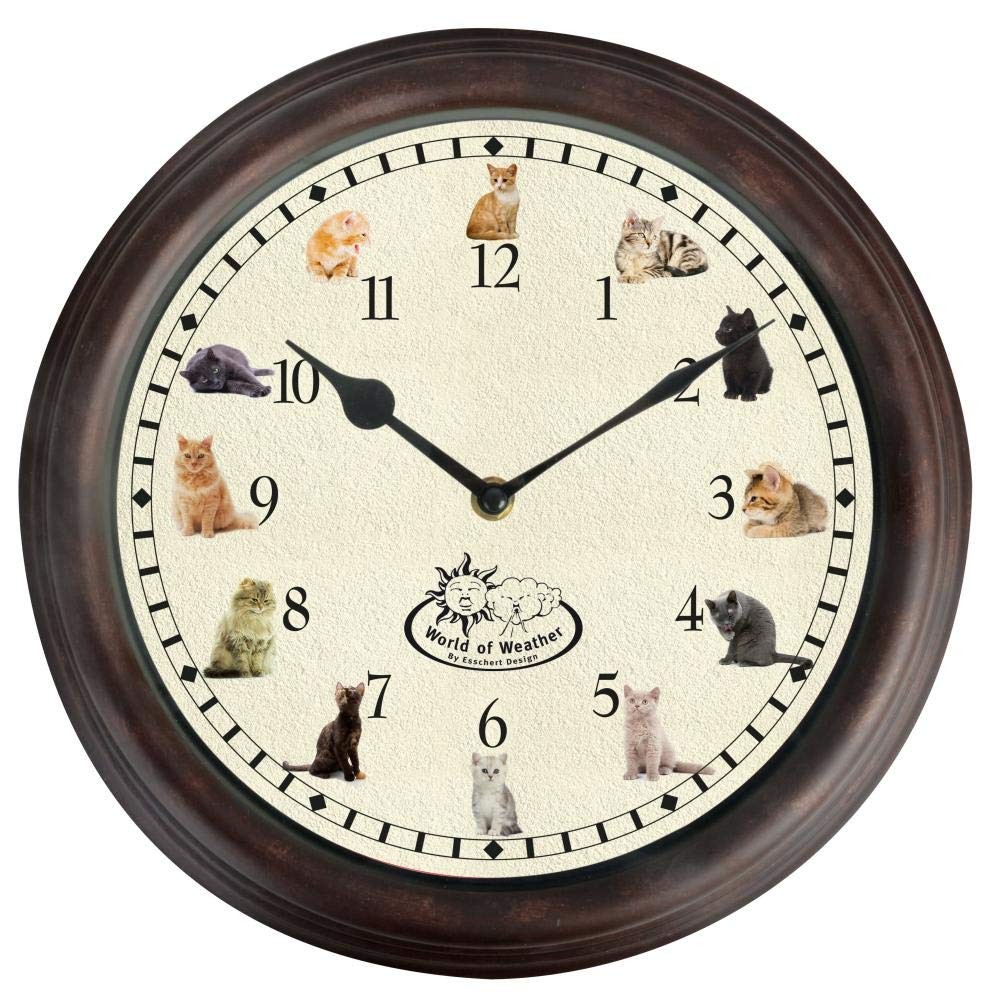 Esschert Design Cat Sounds Wall Clock - Round Battery Operated Meowing Cat Clock