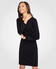 Ann Taylor Black Eyelet Keyhole Ponte Shift Dress Long Sleeve Knee Length Small
