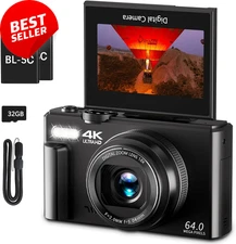 4K Digital Camera 64MP Vlogging Cam w/ Flip Screen, 18X Zoom + 32GB Card Black