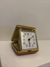 Vintage Estyma Folding Travel Alarm Clock - Wind Up - Working Brown Gold Flip Up