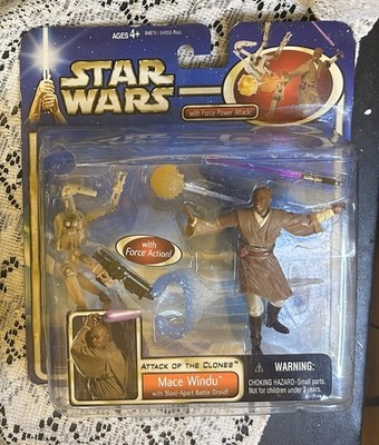 Star Wars Attack of the Clones Mace Windu with Force Power Attack Figure NEW TY6