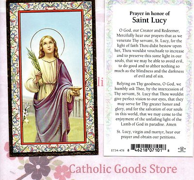 Saint Lucy with Prayer in honor of St. Lucy - Gold Trim - Paperstock Holy Card