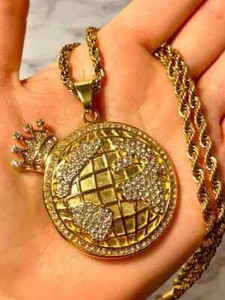 Authentic 3Ct Round Real Moissanite Crown World Map Globe Pendant 14K Yellow Gold Plated