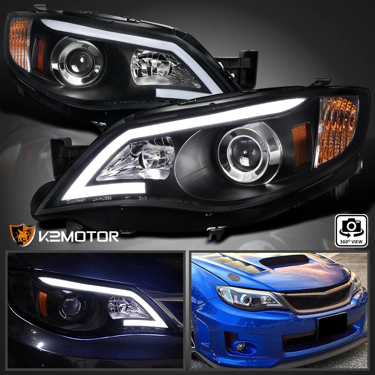 Black Fits 2008 2011 Subaru Impreza WRX Outback LED Strip Projector Headlights