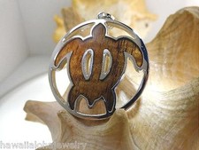 39mm Hawaiian Rhodium Brass Genuine Inlaid Koa Wood Reversible Turtle Pendant 3