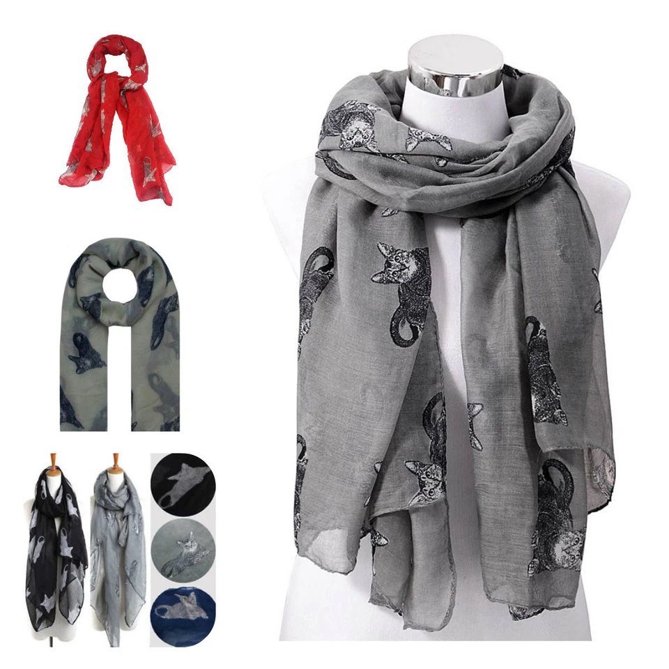 New Women Ladies Long cat Animal Print Neck Shawl Scarf Scarves