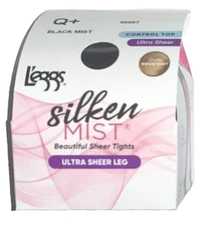 L'eggs Silken Mist Pantyhose Ultra Sheer Leg Control Top, Size Q+ - BLACK MIST