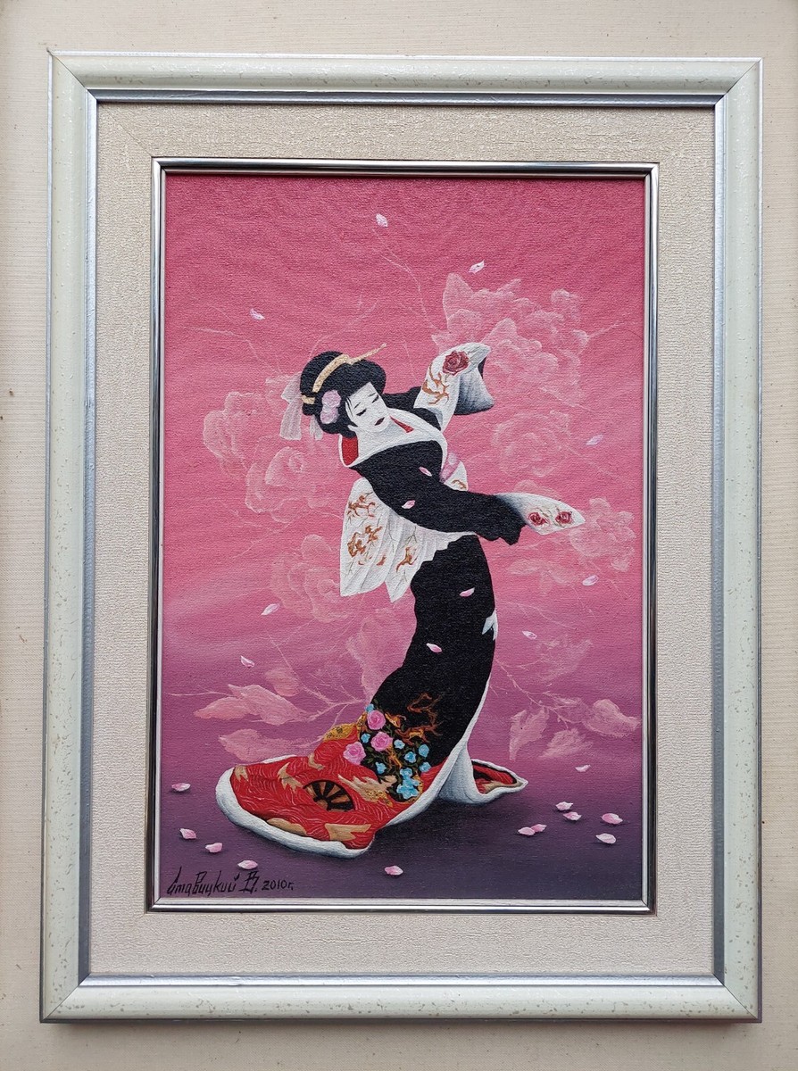 辰　oilpainting from Japan Dancing Japanese girl in a bright outfit among the petals of pink