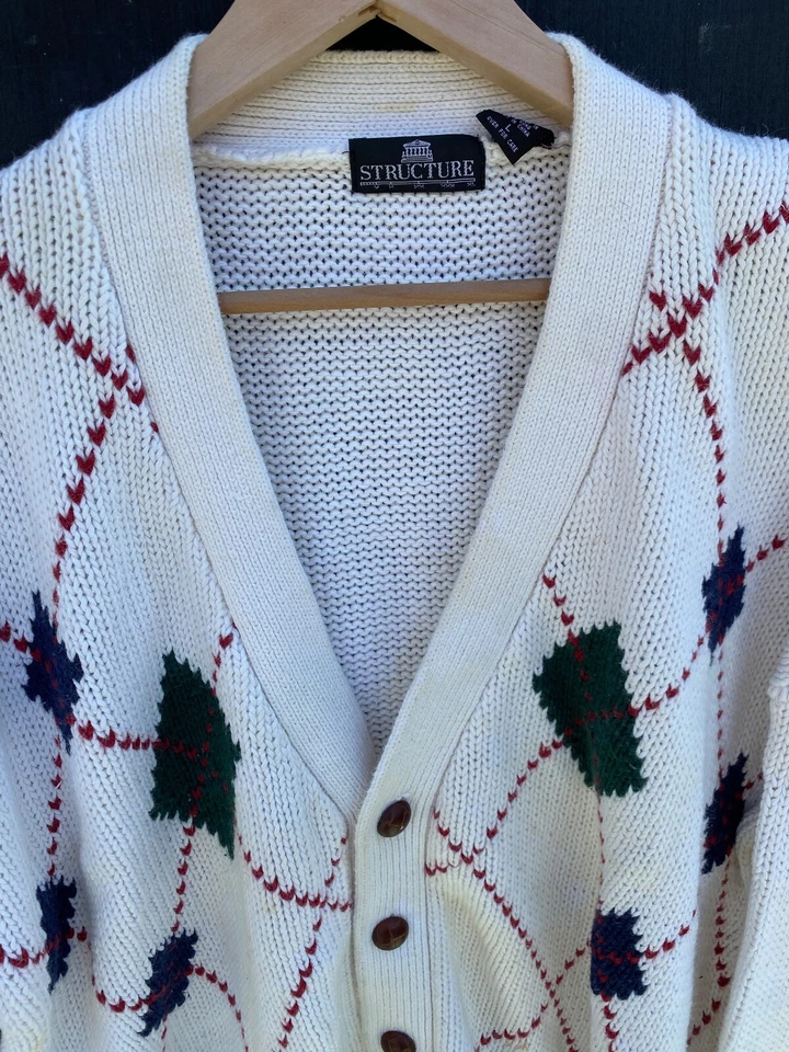 Structure Heavy Weight Cardigan Sweater Mens Large Diamond Pattern - Image 2 of 4