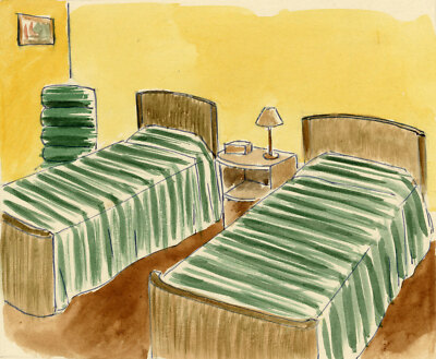 Innenarchitektur 50er Jahre Zweibettzimmer Aquarell Gemälde Mitte 20. Jh. S. Foley