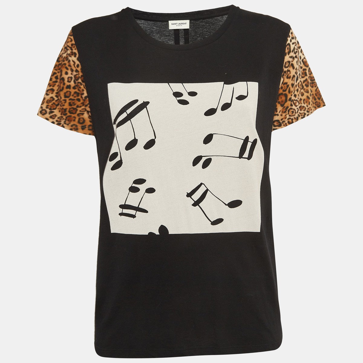 Saint Laurent Paris Black Musical and Leopard Print Cotton Jersey 