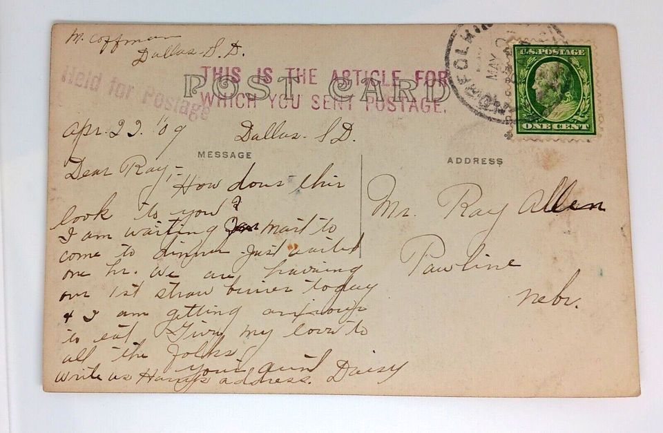 Homestead "ON THE CLAIM" 1909 Dallas South Dakota Gregory County RPPC