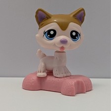 Littlest Pet Shop LPS Husky McDonald's Happy Meal Dog Blue Eyes Pink Bone Stand