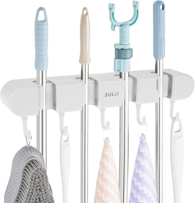 3Pcs Broom Mop Holder with Hooks Wall Mounted Broom Storage Rack No Drilling Sel