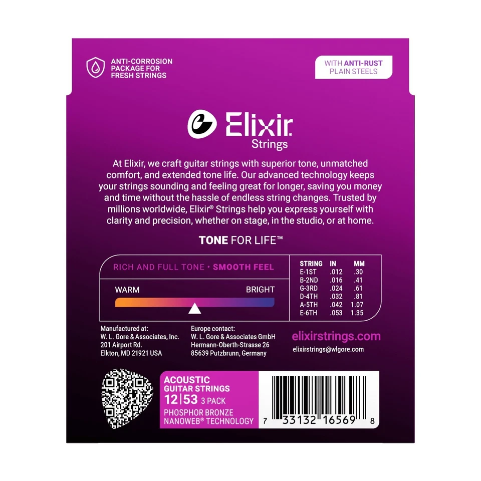 * 3 套 ELIXIR 16052 NANOWEB ACOUSTIC 吉他弦灯 12-53 PHOSPHOR BRONZE — 第 3/3 张图片