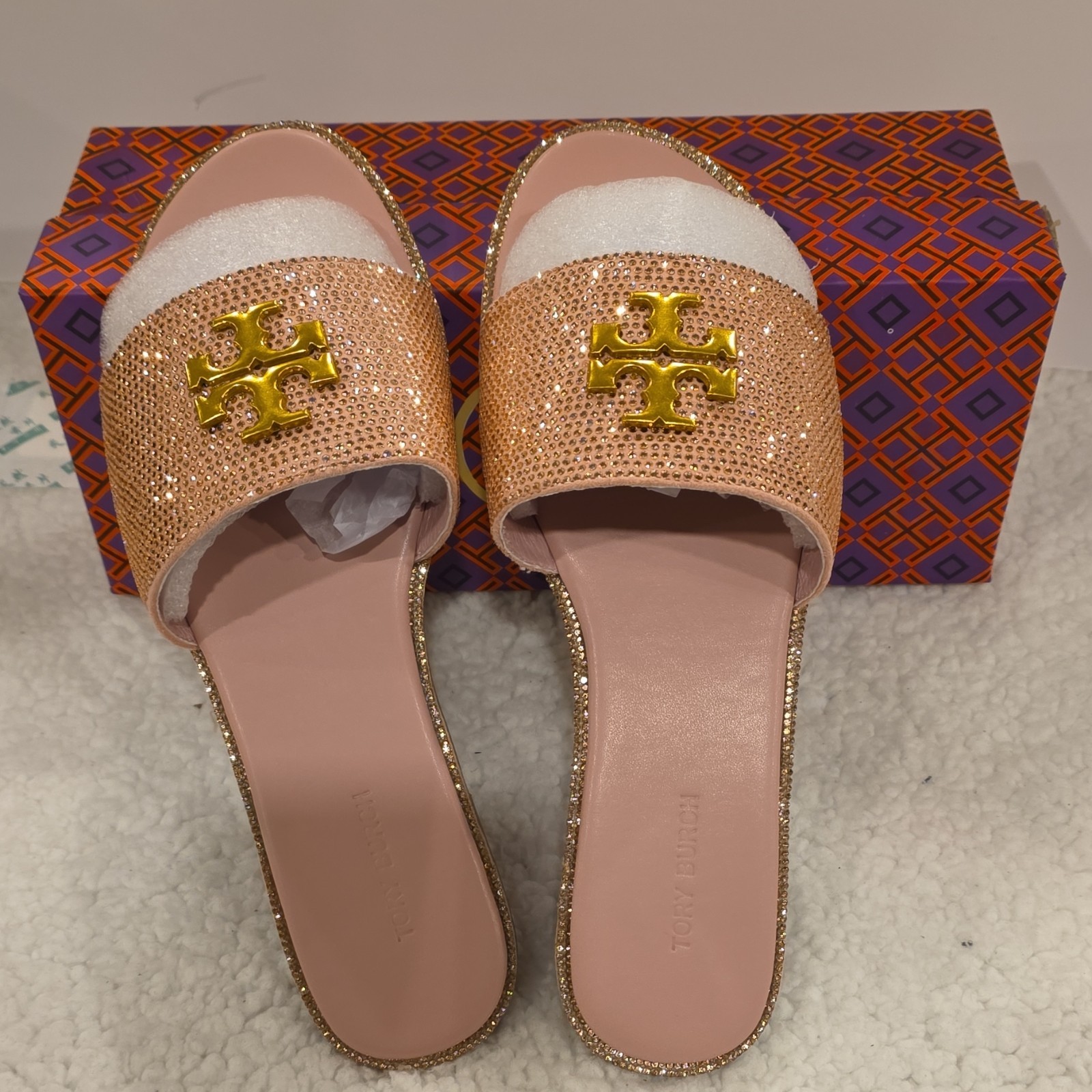 Tory Burch Pink Gold Beaded Logo Slide Sandals Women's Solid Pattern Slip On thumbnail 5