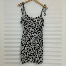 SHEIN Womens Navy Blue Daisy Floral Tie Shoulder Mini Bodycon Dress L Summer