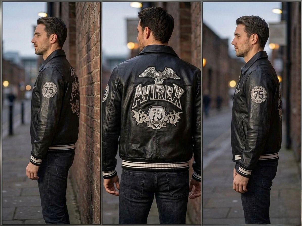 Avirex 75th Anniversary Black Leather Bomber Jacket with Eagle Patch image 3