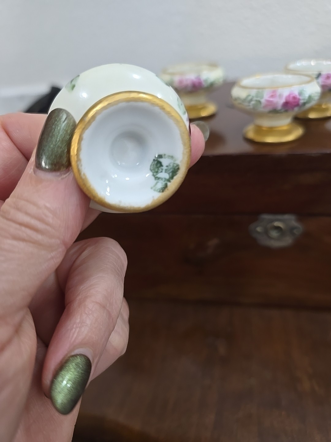 6 Austrian Porcelian Pedestal Salt Cellers Gold Guilding Roses