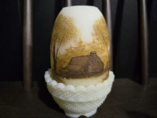 RARE Fenton Custard Fairy Lamp Painted Cabin and Trees Signed by Gloria Finn