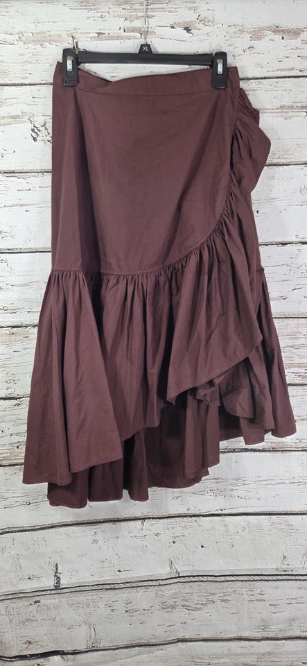 Falda ULLA JOHNSON Camilla Pasas Roja Marrón Volantes Popelina Midi Envolvente Línea A Talla 4 Foto 2 de 4