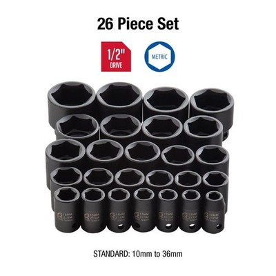 SUNEX TOOLS 1/2 in. Drive Metric Impact Socket Set (26-Piece)