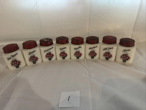 VTG Lot 4 TIPP USA Milk Glass Spice Jars w/ Red metal lids,  flower basket art