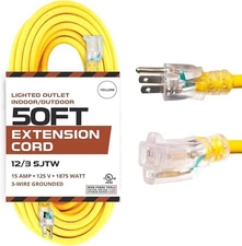 50 ft Lighted Outdoor Extension Cord 12/3 SJTW Heavy Duty Yellow Extension Cable