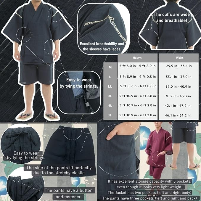 Edoten Men's Japanese Jinbei Kimono Beige Cotton Set Size Large (03) image 4