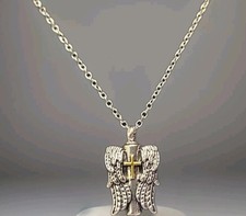 Keepsake Silver Cremation Urn Necklace Adorned with Angel Wings and a Gold Cross