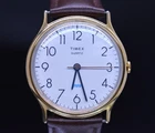 Vtg TIMEX EASY READER Watch 1980's M Cell Gold Tone Leather NEW BATTERY BAND