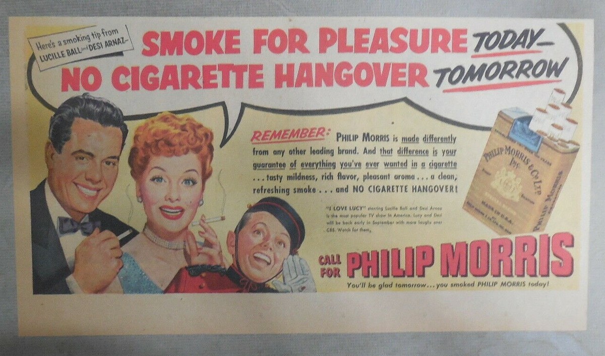 Phillip Morris Cigarette Ad: I Love Lucy, Lucille Ball 1950's 7.5 x 15  inches