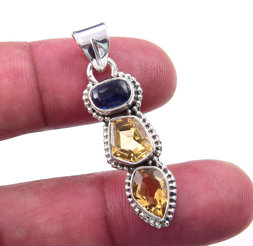 Natural Citrine Kyanite 925 Sterling Silver Pendant 1.75 Inch