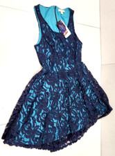 Love Fire Women's Floral Lace Sleeveless Dress Navy Blue/Lt Blue Lining ~ Large